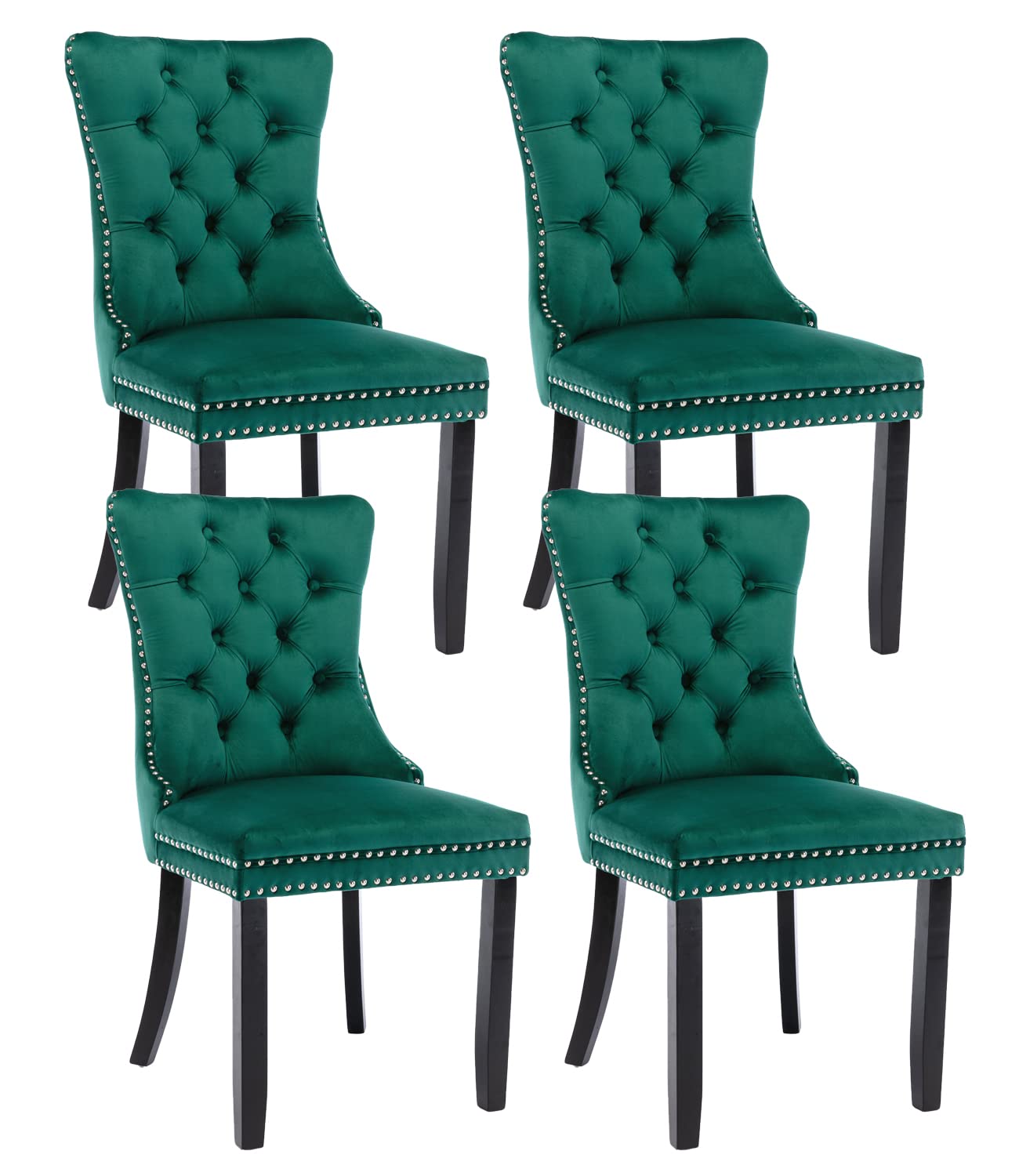 Green Velvet Dining Chairs Set Of 4, Upholstered Dining Room Chairs With Back Ring Pull Trim And Solid Wood Legs, Tufted Wingbac