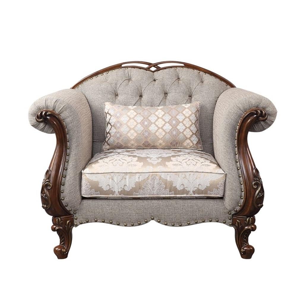 Acme Miyeon Fabric Button Tufted Chair with 1 Pillow in Gray and Cherry