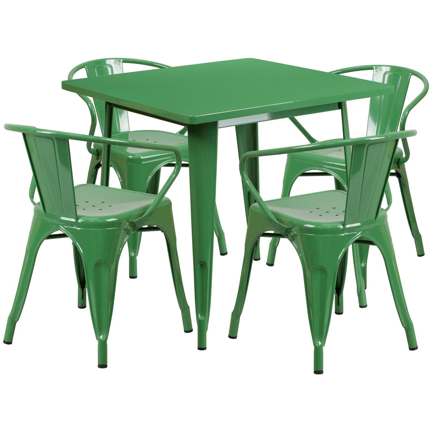 Flash Furniture Commercial Grade 31.5" Square Green Metal Indoor-Outdoor Table Set with 4 Arm Chairs