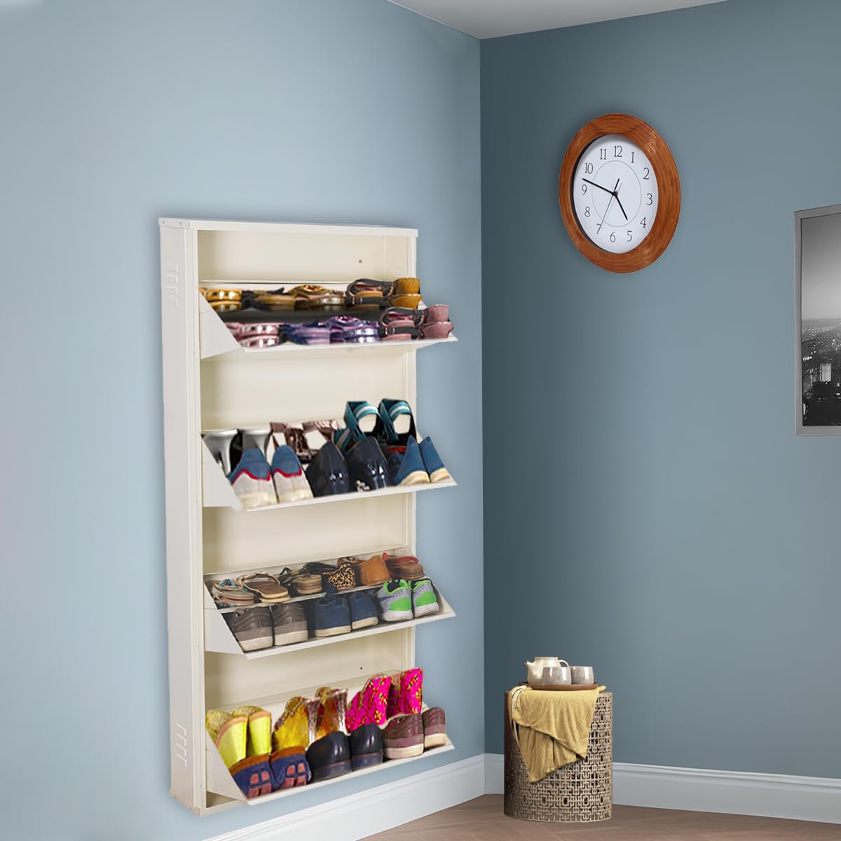 Delite Kom 24 Wide, 8 Shelf Metal Shoe Rack Wall Mounted For Home With Central Lock | Holds Upto 24 Shoes Or 40 Slippers Pair |