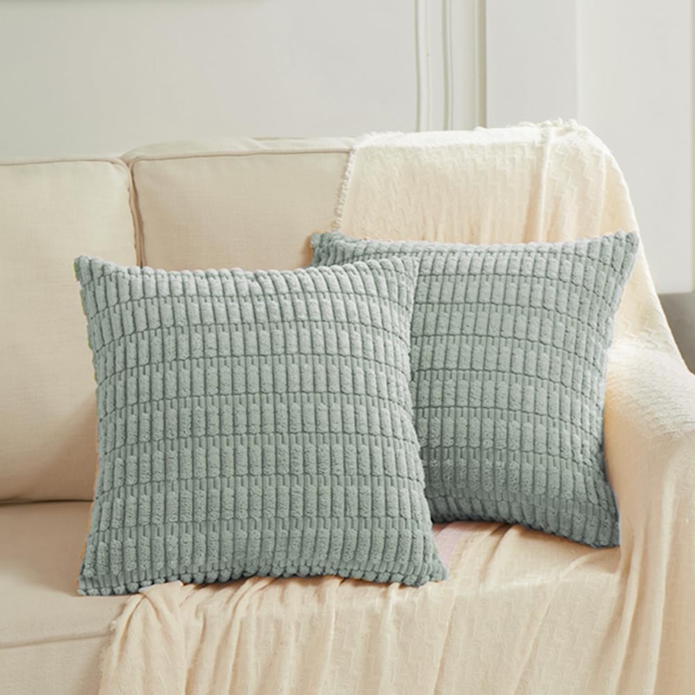 Fancy Homi 2 Packs Grey Blue Decorative Throw Pillow Covers 16X16 Inch For Living Room Couch Bed Sofa, Soft Striped Corduroy Squ