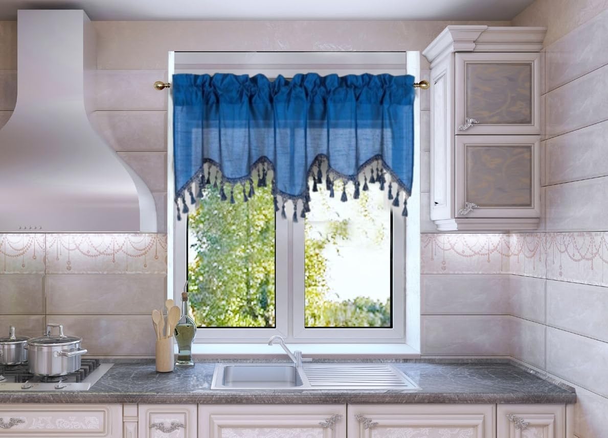 Solid Faux Silk Swag Waterfall Cascade Ascot Window Curtain Valance W/Tassels Trim 55' X18' Wave (1, Royal Blue)