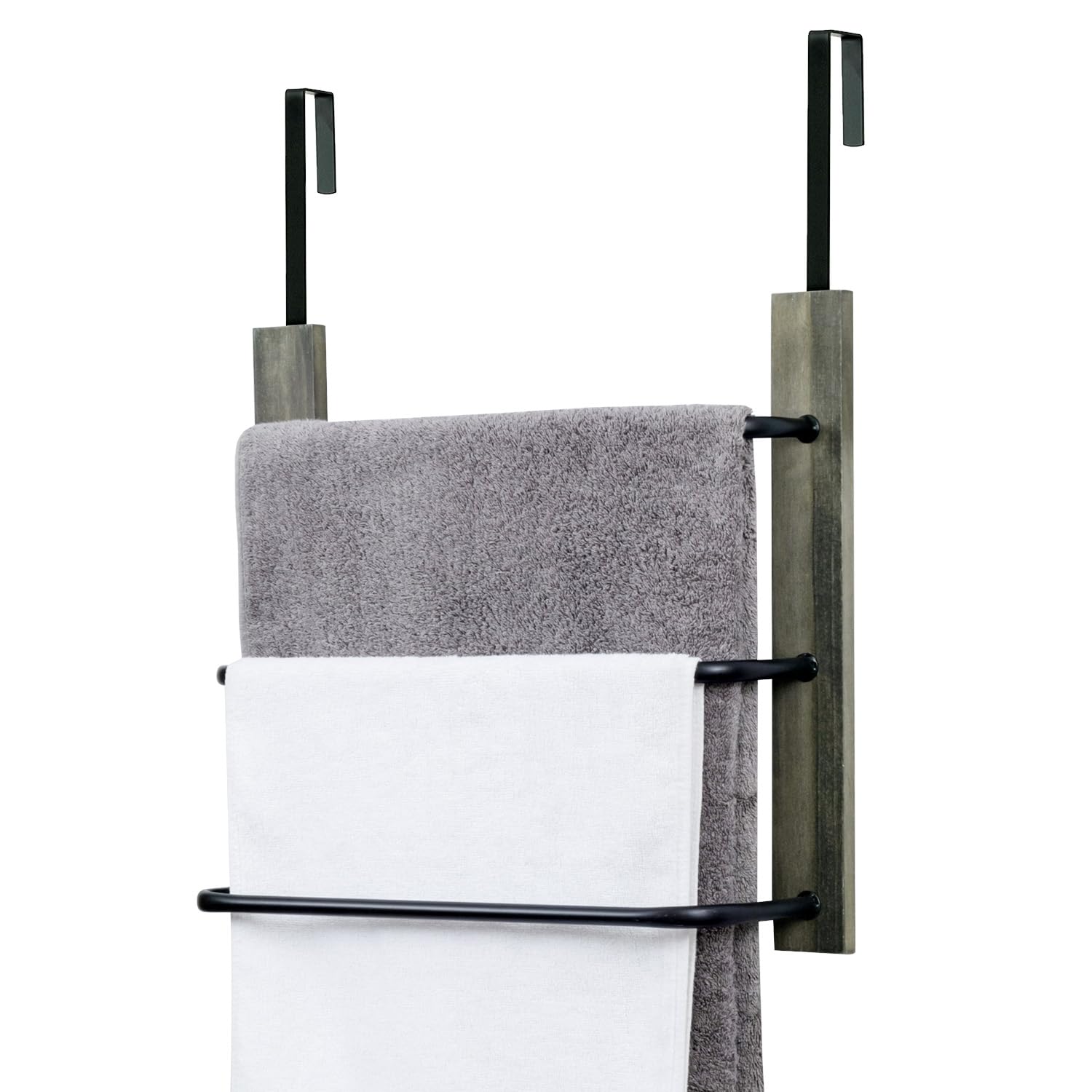 MyGift Modern Over The Door Towel Rack in Vintage Gray Solid Wood and 3 Tier Matte Black Metal Bars, Space Saving Bathroom Stora
