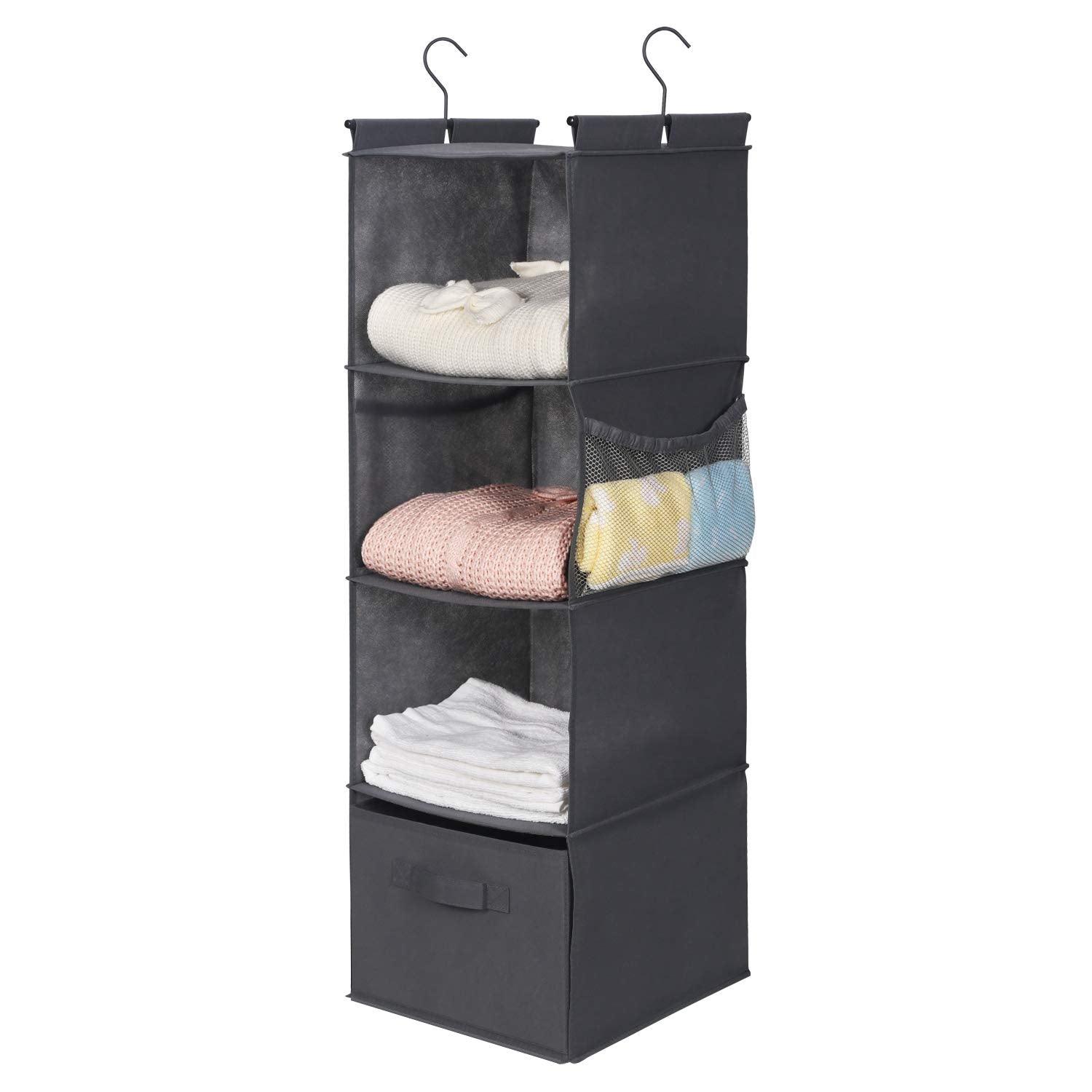 Max Houser 4-Shelf Hanging Closet Organizer, Space Saver, Cloth Hanging Shelves With 2 Side Pockets, Foldable (Grey)
