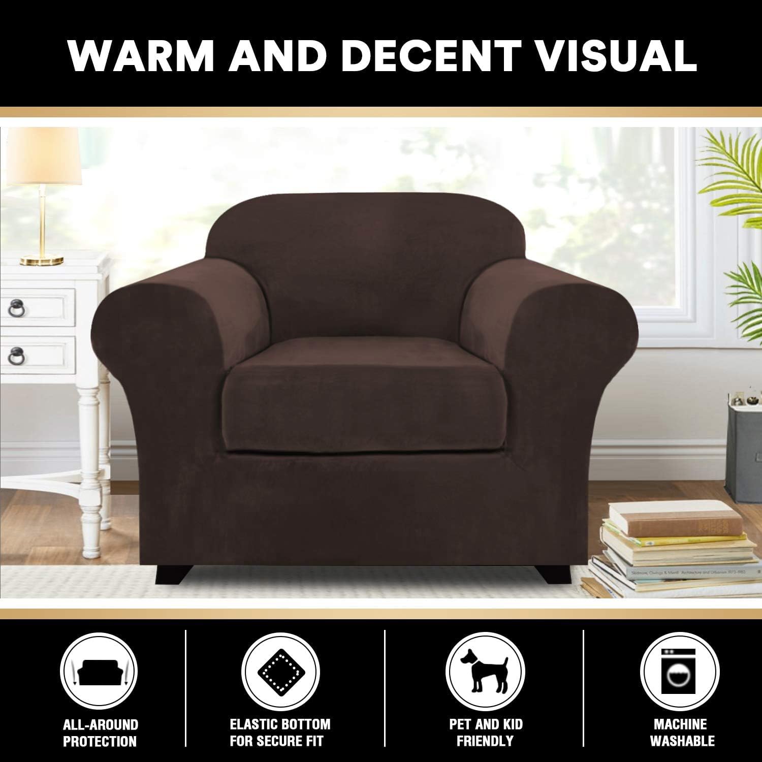 Princedeco 2 Piece Chair Cover Velvet Chair Slipcovers Soft Armchair Cover Furniture Protector With Arms Width Up To 49 Inch Chair Sofa Cover With Individual Cushion Covers(Small, Brown)