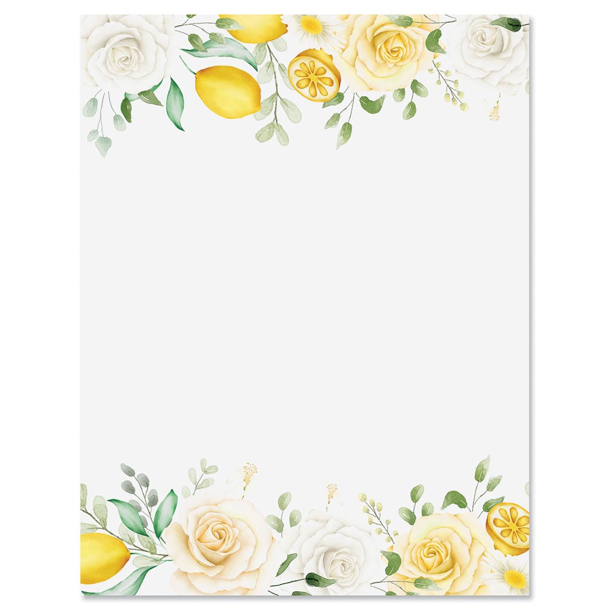 Current Lemon Floral Letter Paper - Spring Stationery Papers With Decorative Flowers And Lemon Border, Printable Holiday, Weddin