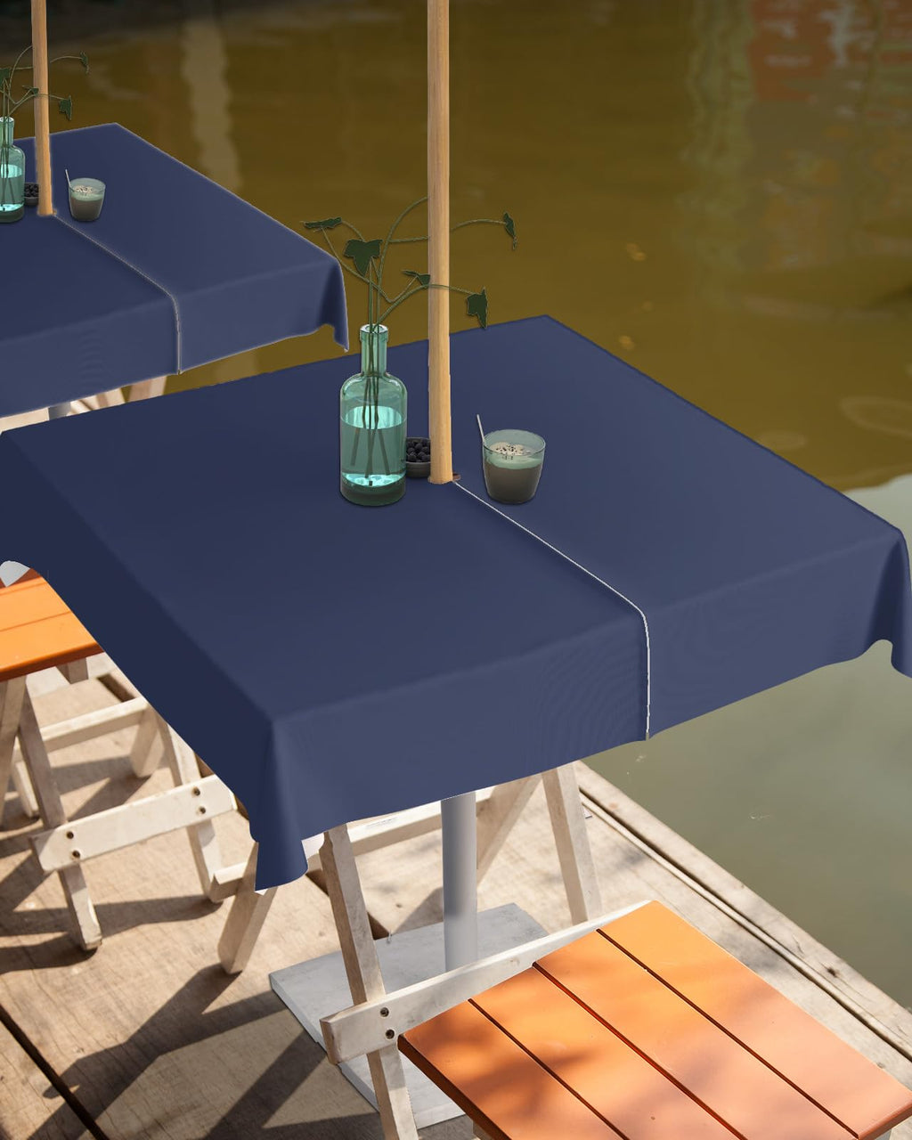 Queenker Navy Blue Outdoor Tablecloth With Umbrella Hole And Zipper, Solid Color Table Cover For Square Tables Waterproof Tablet