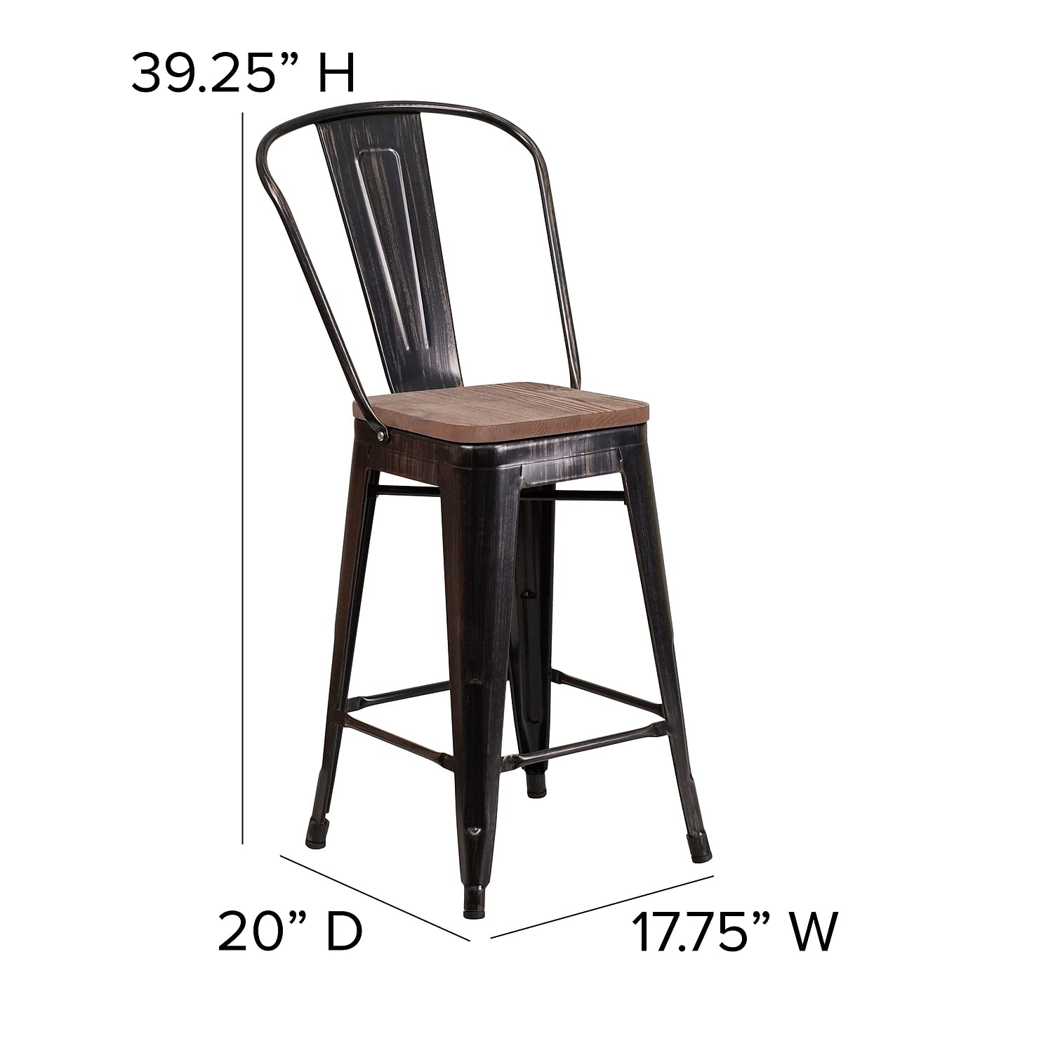 Flash Furniture Lily 24&quot; High Black-Antique Gold Metal Counter Height Stool With Back And Wood Seat