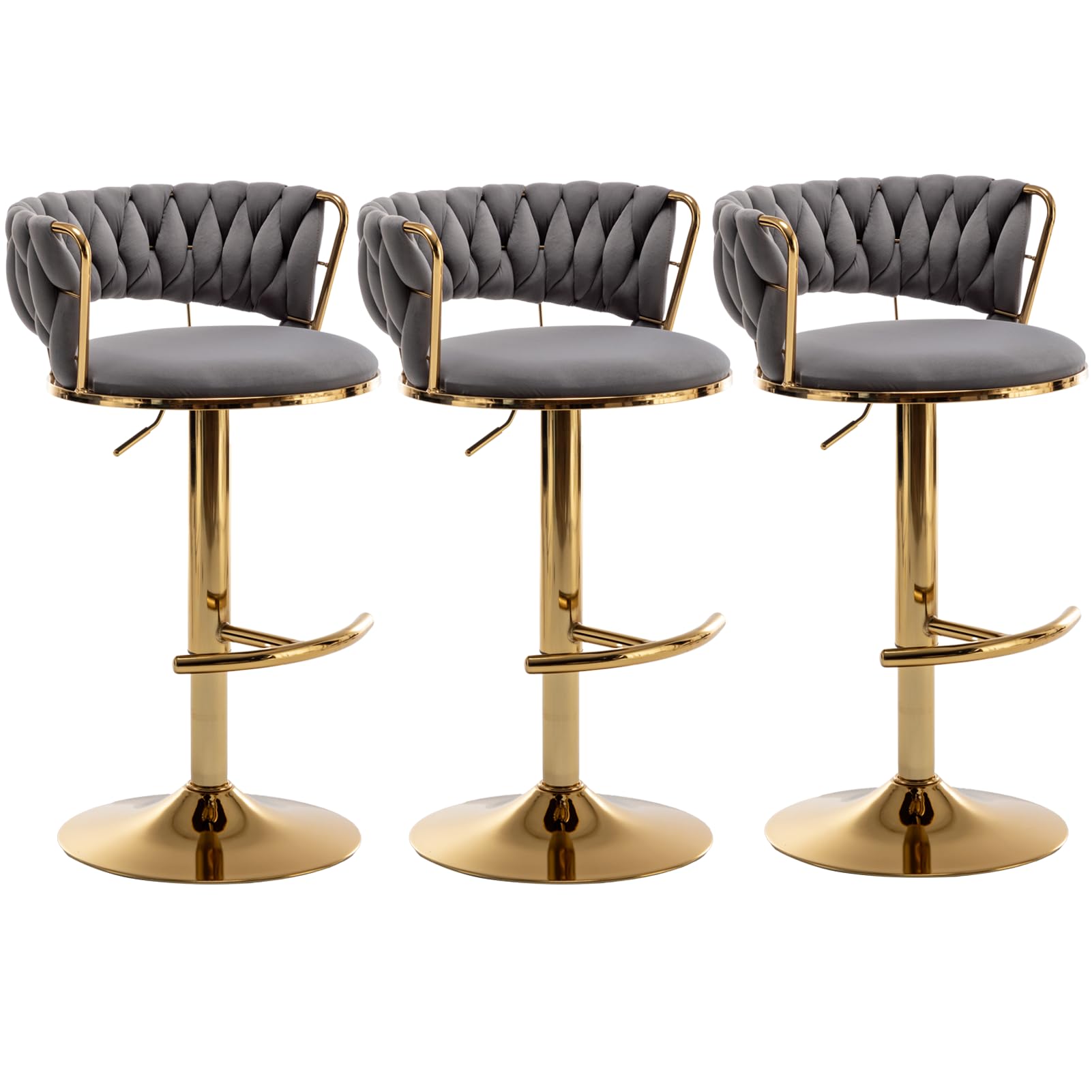 Riknuxi Velvet Bar Stools Set of 3, Counter Height Barstools with Low Back, Gold Swivel Bar Stool for Kitchen Island, Pub (Grey)