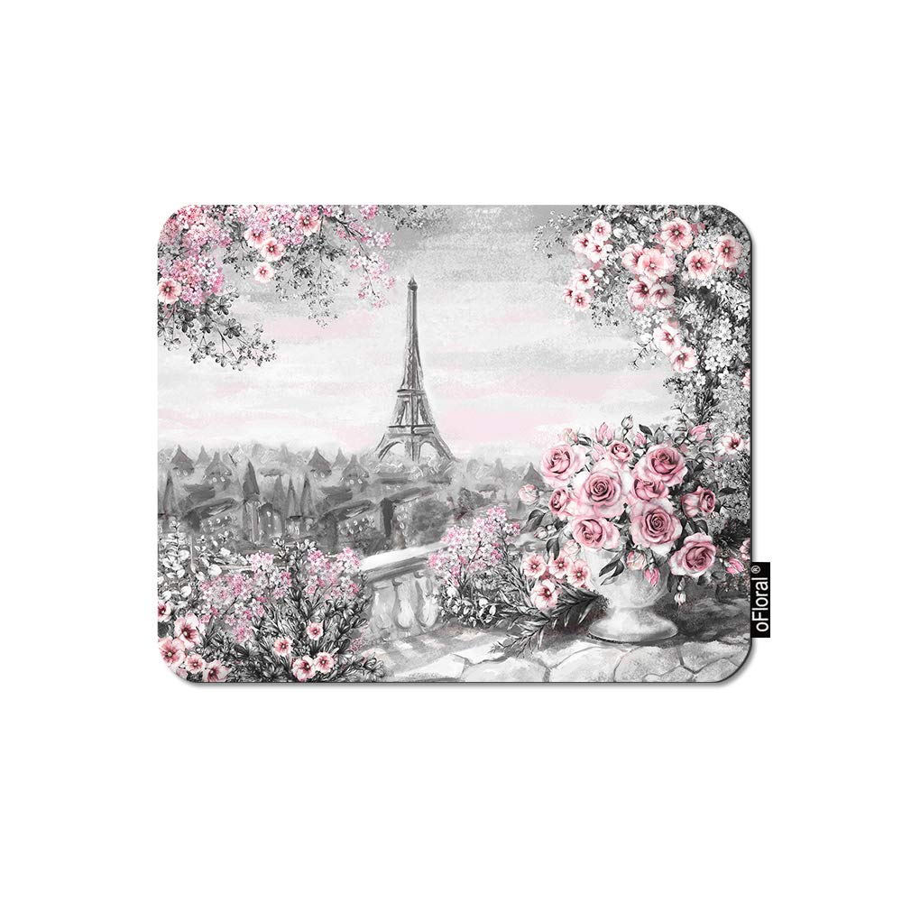 Ofloral Eiffel Tower Gaming Mouse Pad Paris Gentle City France Gray Oil Paint Pink Rose Flowers Decorative Mousepad Rubber Base