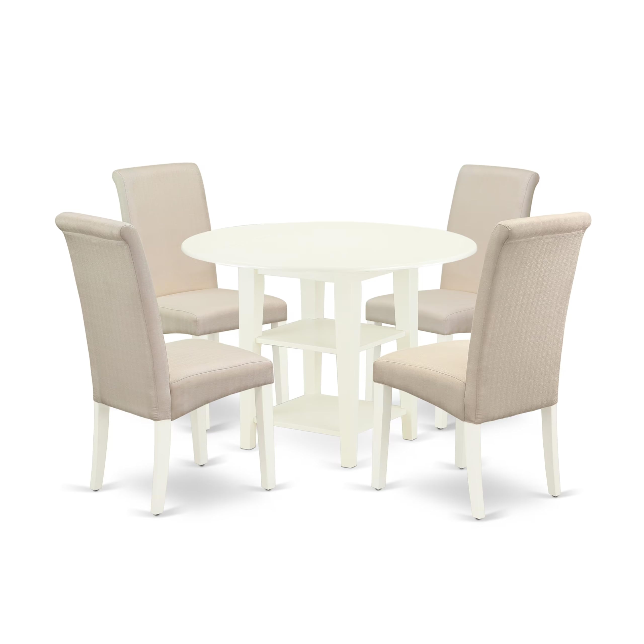 East West Furniture Suba5-Lwh-01 5 Piece Modern Dining Table Set Includes A Round Wooden Table With Dropleaf & Shelves And 4 Cream Linen Fabric Upholstered Chairs, 42X42 Inch, Linen White
