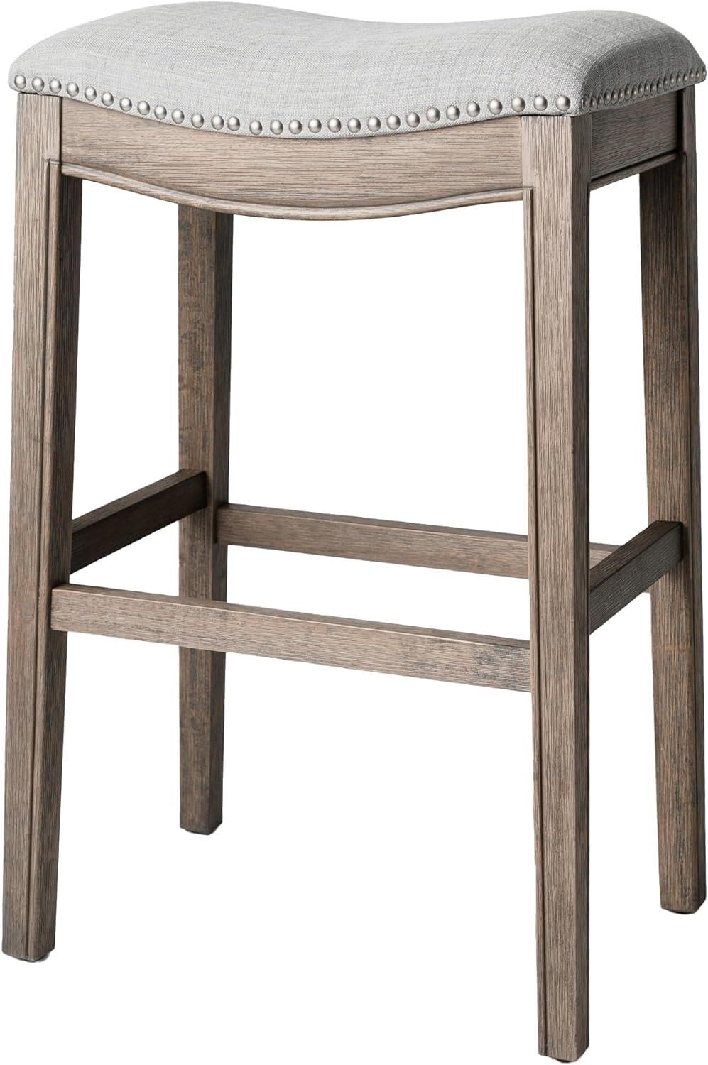 Maven Lane Adrien 31 Inch Bar Height Upholstered Backless Saddle Barstool In Reclaimed Oak Finish With Ash Grey Fabric Cushion Seat