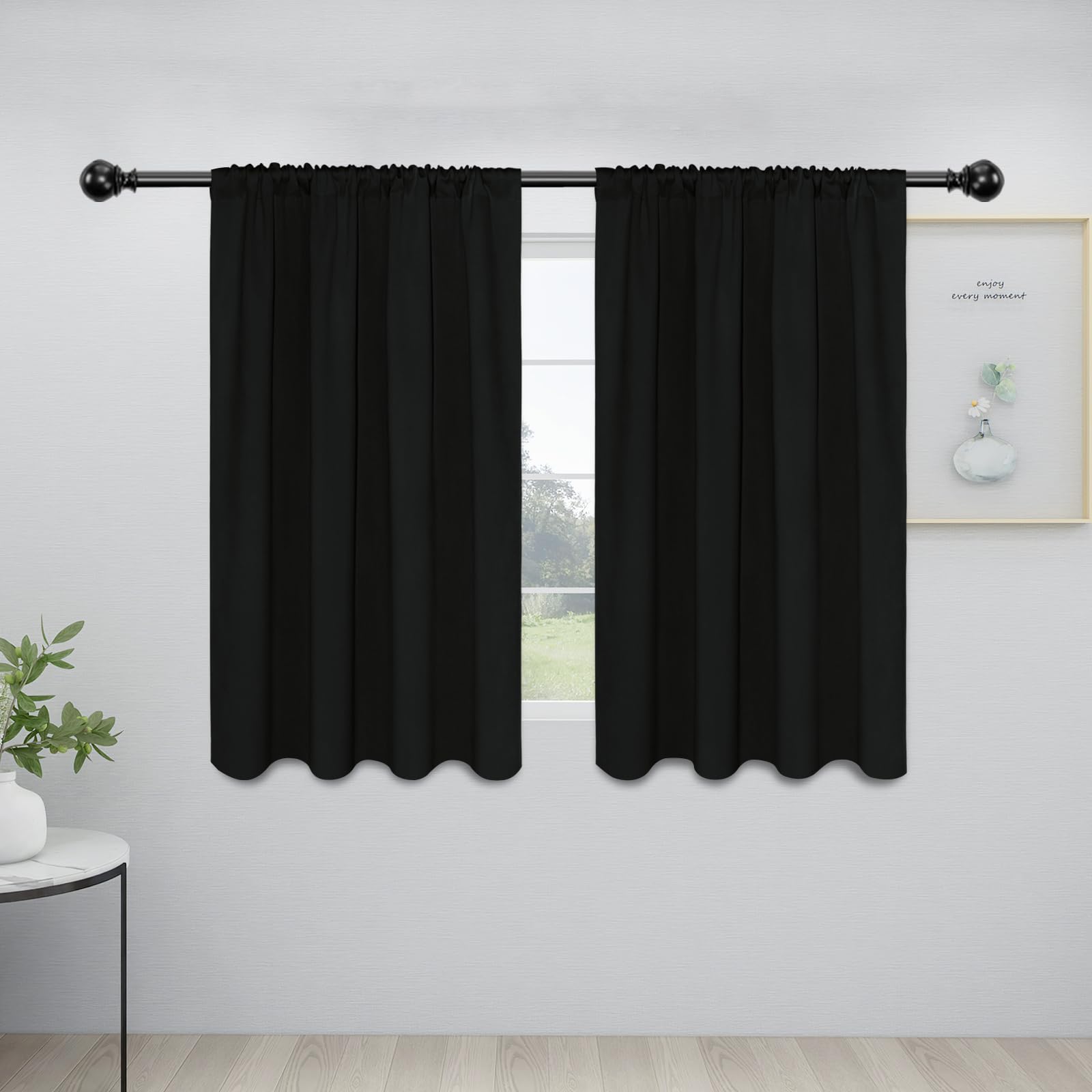 Easy-Going Rod Pocket Blackout Curtains For Bedroom, Room Darkening Window Curtains For Living Room, Thermal Insulated Noise Reduction Solid Window Drapes, 2 Panels(34X45 In,Black)