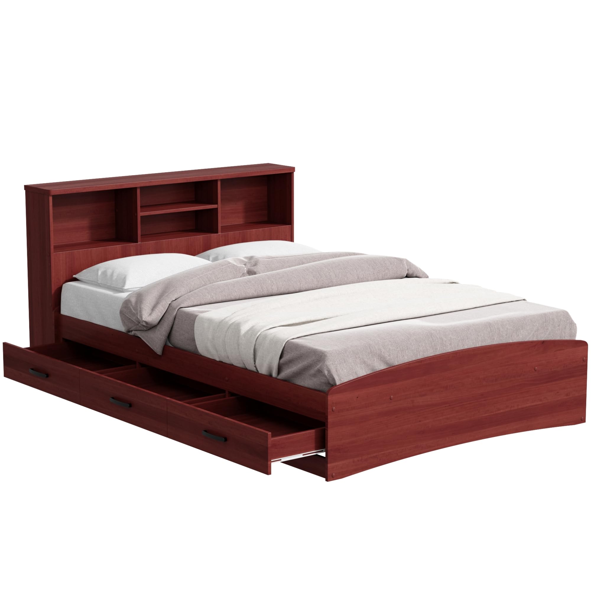Bed with 3 Drawers and Bookcase Headboard (Mahogany, Queen)