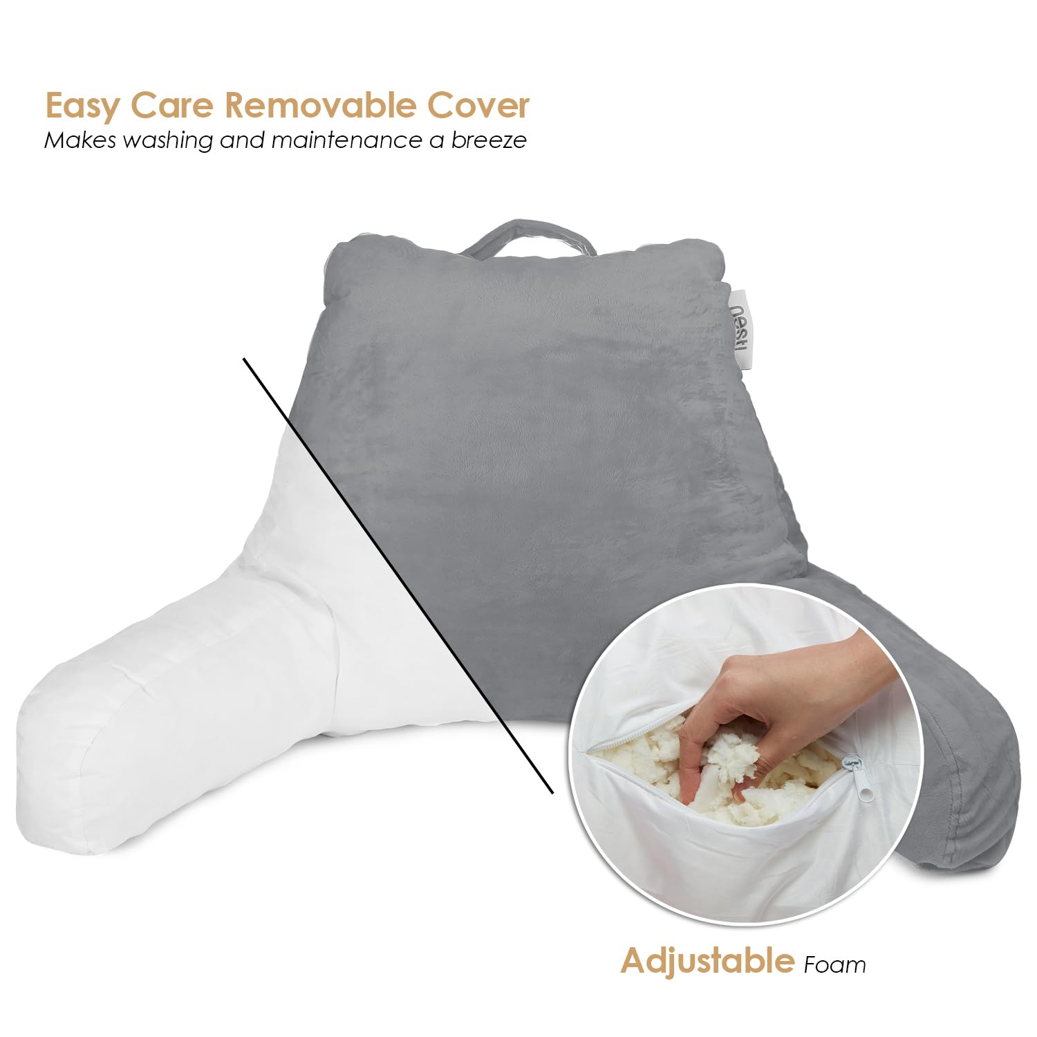 Nestl Reading Pillow Standard Bed Pillow, Back Pillow For Sitting In Bed Shredded Memory Foam Chair Pillow Reading & Bed Rest Pillows Dark Grey Back Pillow For Bed, Bed Chair Arm Pillow With Pockets