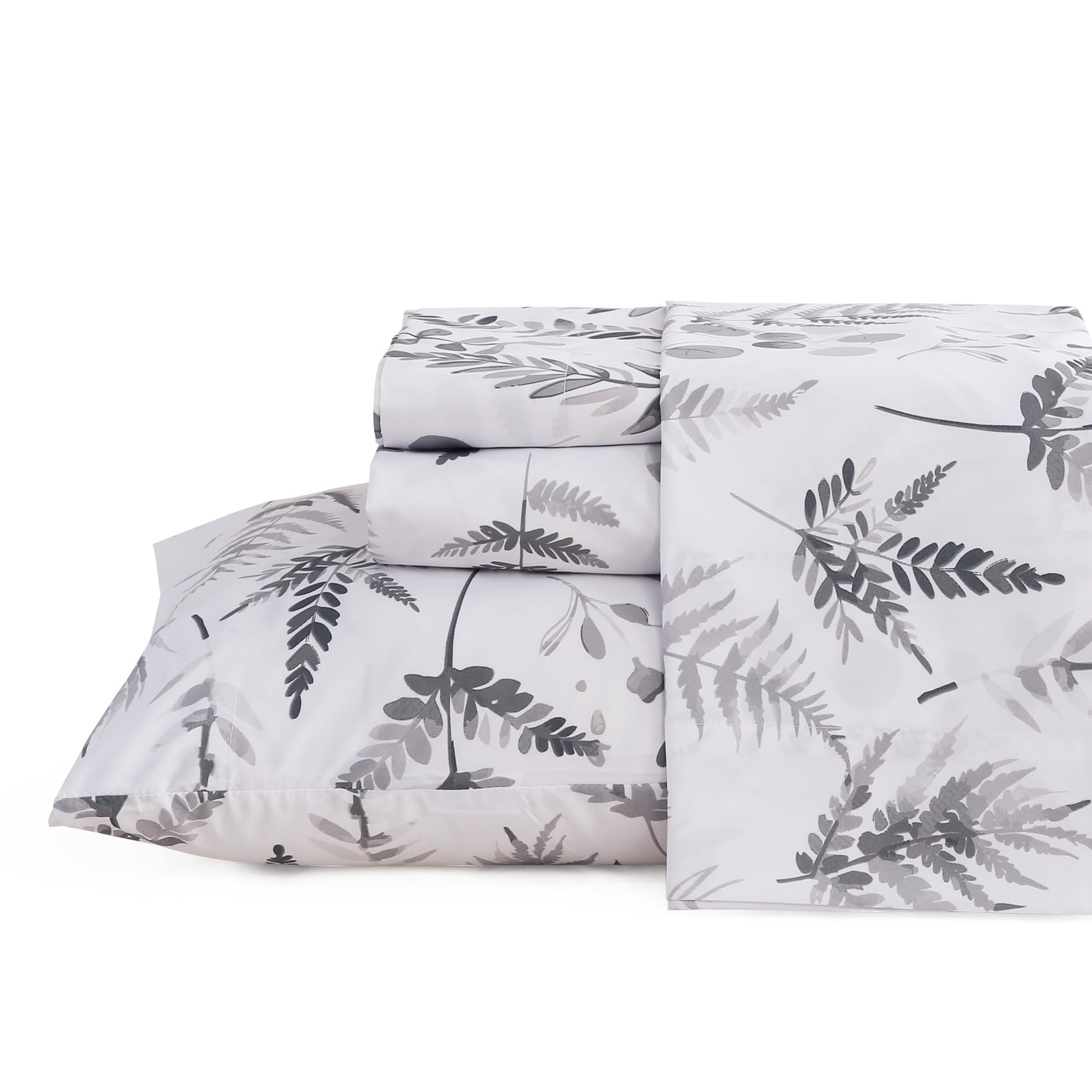 Jsd Grey White Boho Herbs Ferns Sheet Set Cal King, 4 Piece Botanical Printed Microfiber Bed Sheets Deep Pocket