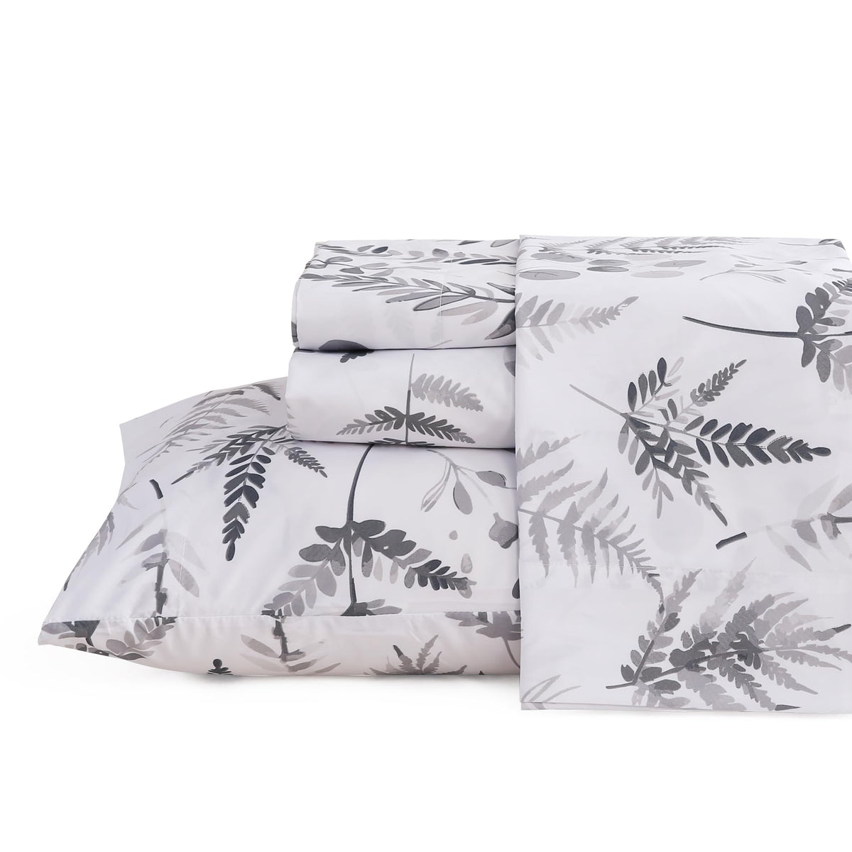 Jsd Grey White Boho Herbs Ferns Sheet Set Full Size, 4 Piece Botanical Printed Microfiber Bed Sheets Deep Pocket