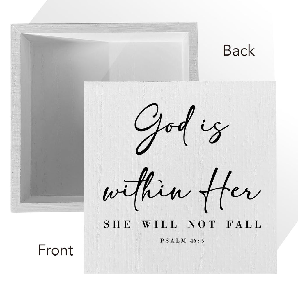 God Is Within Her Bible Verse Artwork Wood Box Sign Rustic Farmhouse Style Psalm 46 : 5 Christian Wood Block Plaque 5 X 5 Inches
