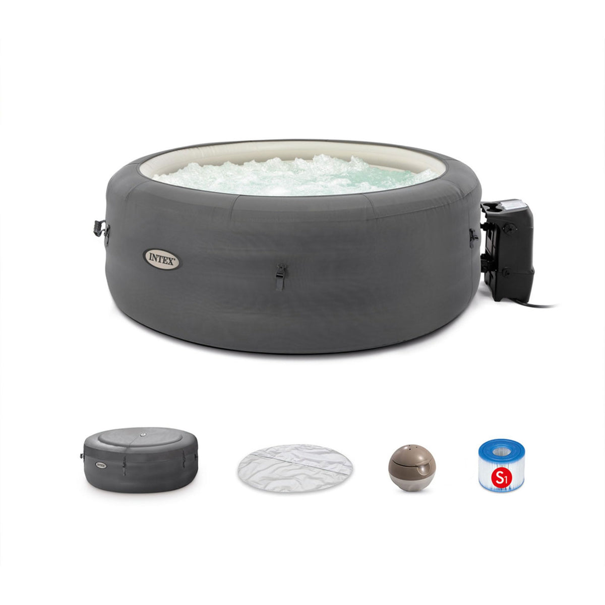 Intex Simplespa Bubble Massage 4 Person Inflatable Round Hot Tub Relaxing Outdoor Water Spa With Soothing Jets, Insulated Cover,