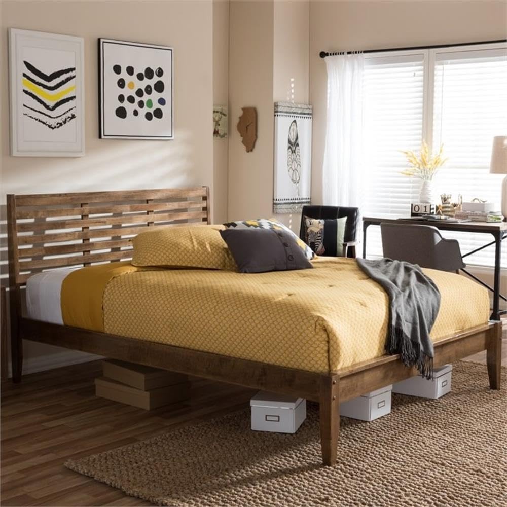 Baxton Studio Daylan Mid-Century Modern Solid Walnut Wood Slatted Queen Size Platform Bed