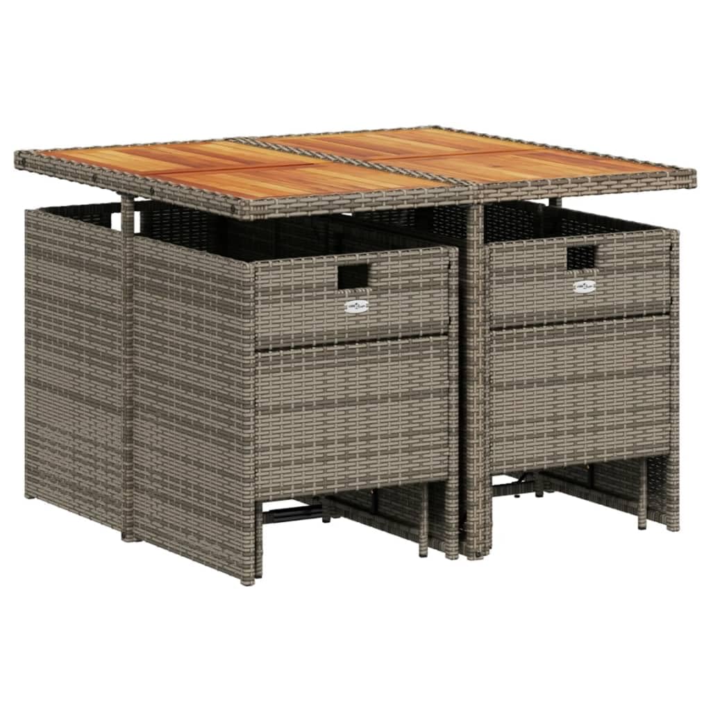 vidaXL Patio Dining Set with Cushions - 9-Piece Gray Poly Rattan Furniture for Outdoor, Garden, Backyard, Patio - Acacia Wood Tabletop, Foldable Chairs, Navy Blue Cushions