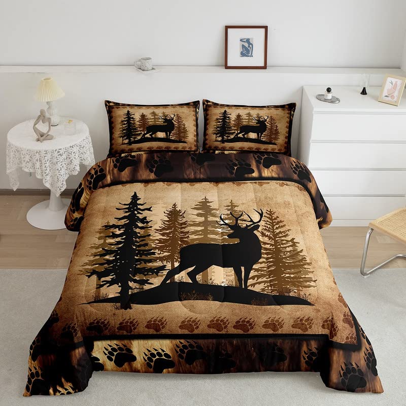 Feelyou Cute Deer Comforter Set for Girls Boys Kids Deer Hunting Bedding Set Room Decorative Rustic Bear Paw Print Bedding Set C