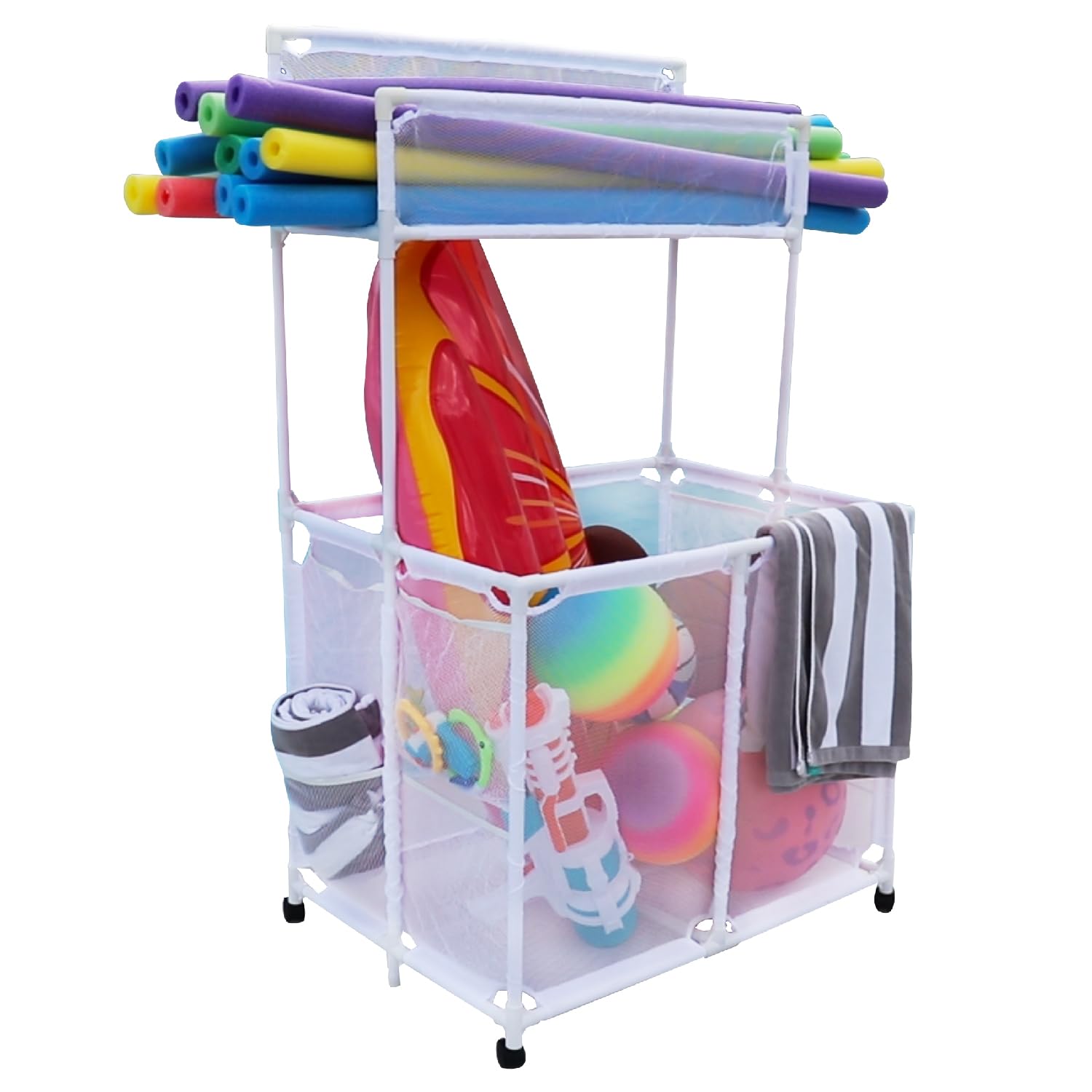 Essentially Yours Pool Storage Equipment Organizer Holder - Noodles, Toys, Balls And Floats Mesh Rolling Double Decker Bin, Larg