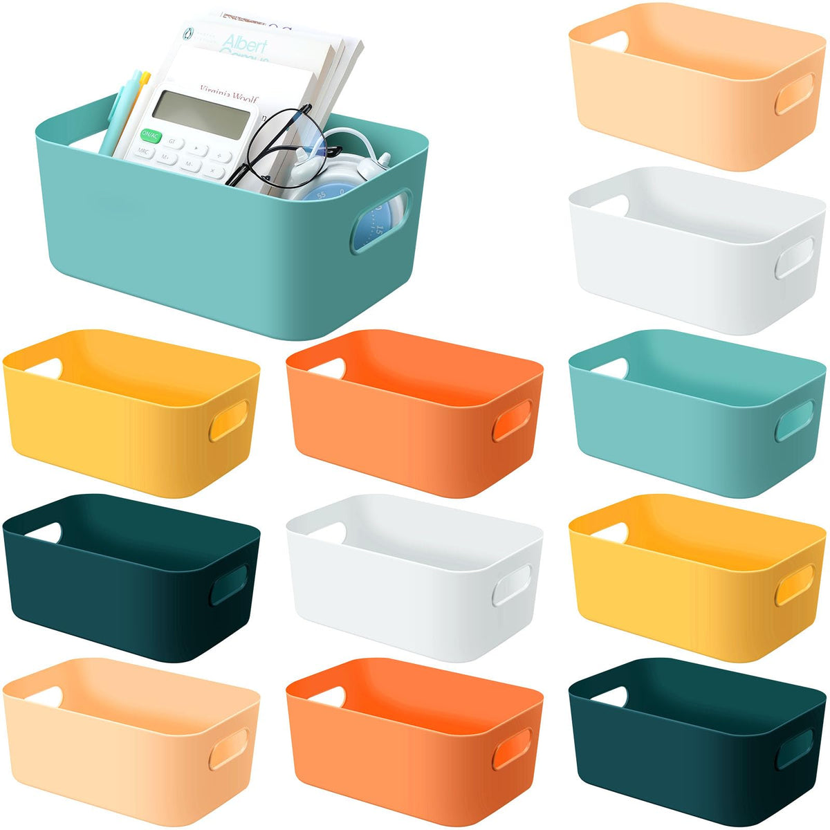 Wenqik 12pcs Small Plastic Storage Bins Basket with Handles, bright