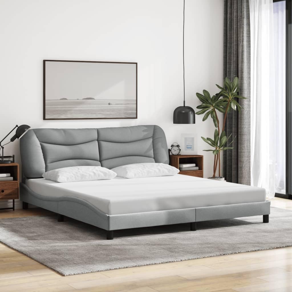 vidaXL King Bed Frame with Cushioned Headboard - Light Gray, Fabric and Wood, Stylish Waved Design, Sturdy Metal Frame, 85.8&quot;x78&quot;x29.3&quot;