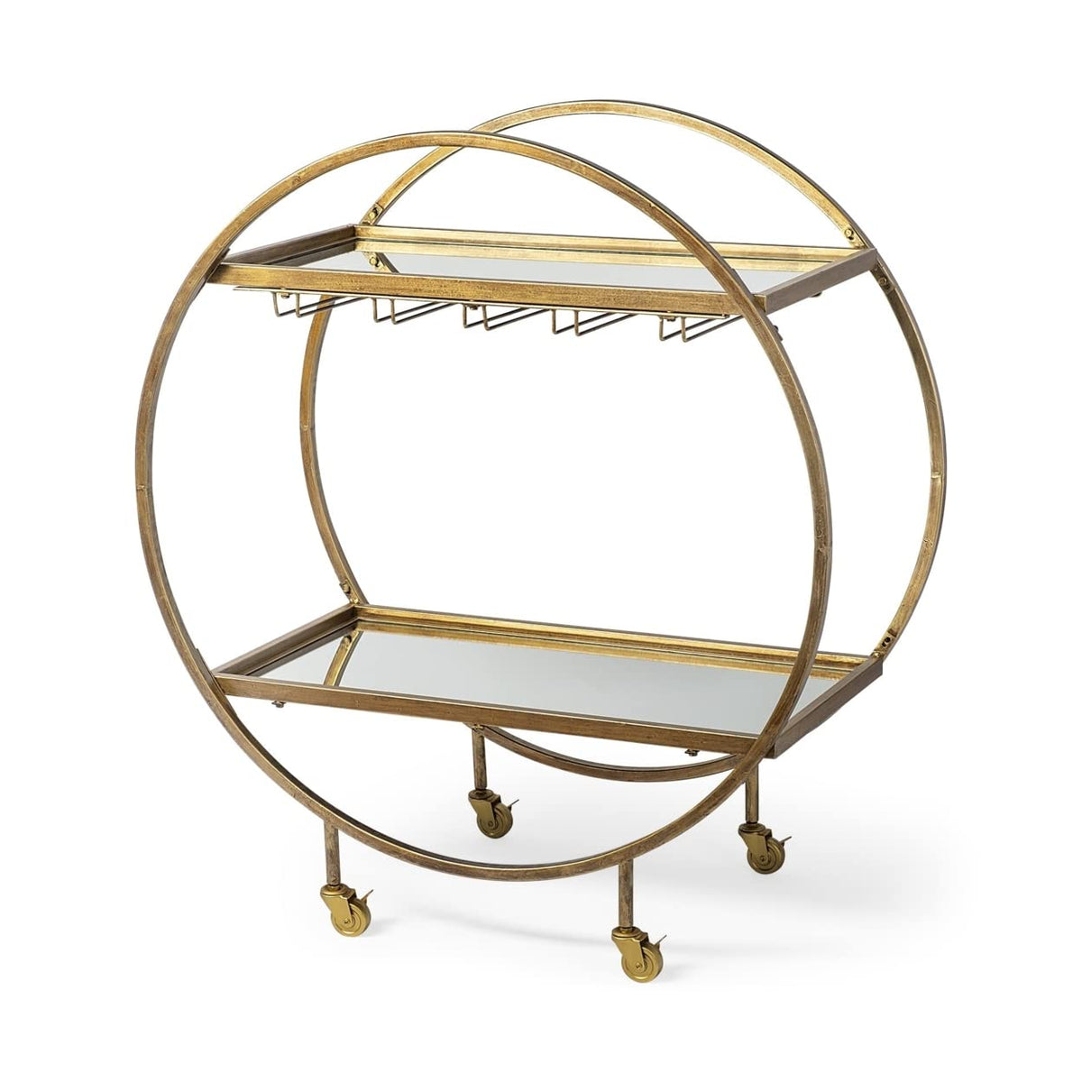 HomeRoots Showstopper Circular Rolling Gold Bar Cart