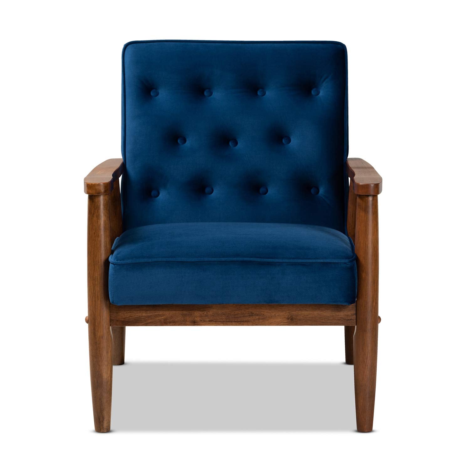 Baxton Studio Sorrento Mid-Century Modern Navy Blue Velvet Fabric Upholstered Walnut Finished Wooden Lounge Chair