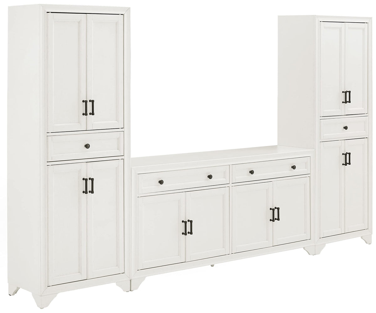 Crosley Furniture Tara 3-Piece Modern Farmhouse Sideboard Buffet Cabinet and Kitchen Storage Pantry Set, Distressed White