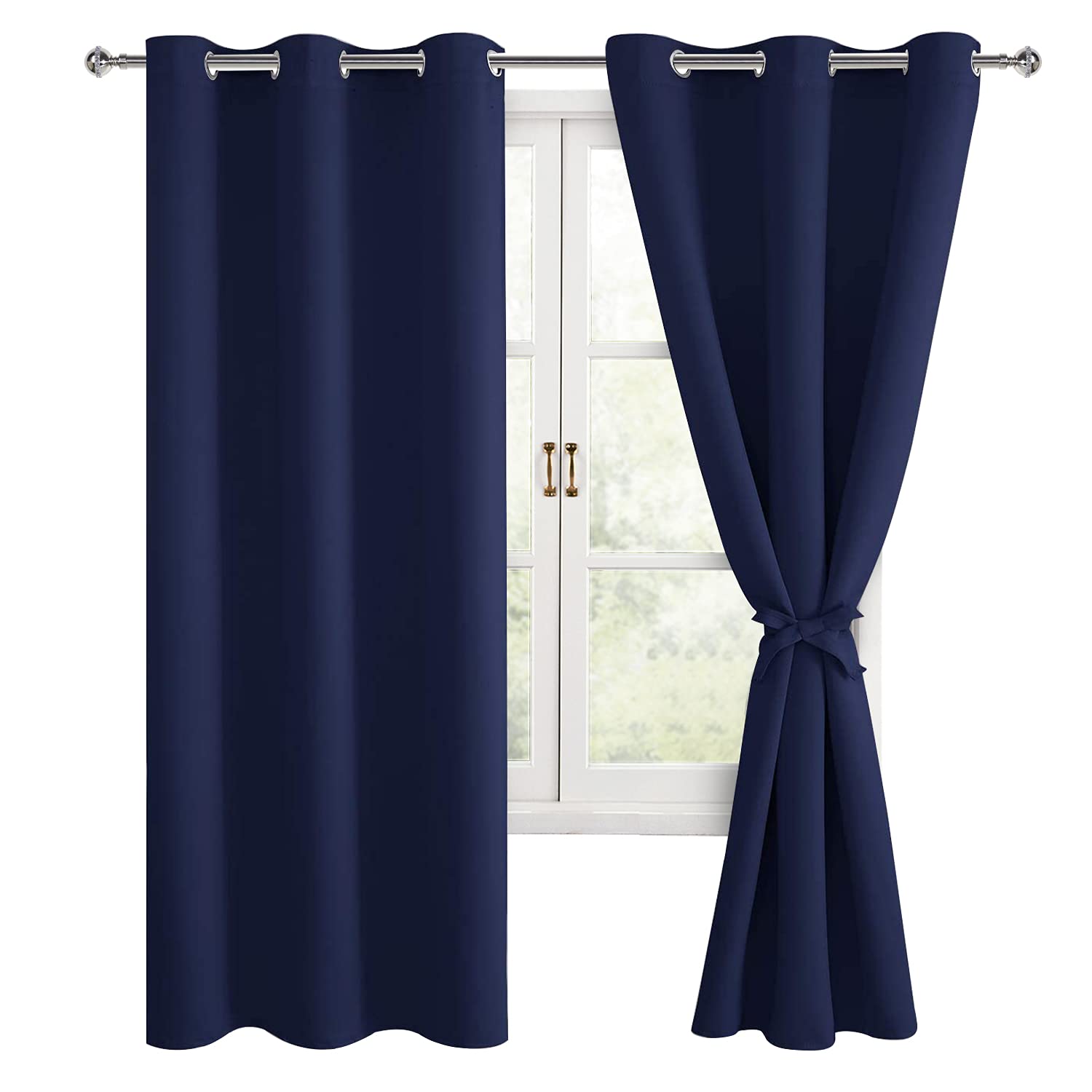 Hiasan Blackout Curtains For Bedroom, Thermal Insulated, Light Blocking, Noise Reducing Window Curtain Panels, Tiebacks Included, Set Of 2, Grommet Top (Navy Blue, Width 42 Inch X Length 63 Inch)