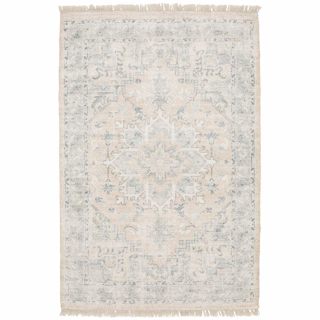HomeRoots 509452 8 x 10 ft. Beige & Gray Oriental Hand Loomed Stain Resistant Rectangle Area Rug with Fringe