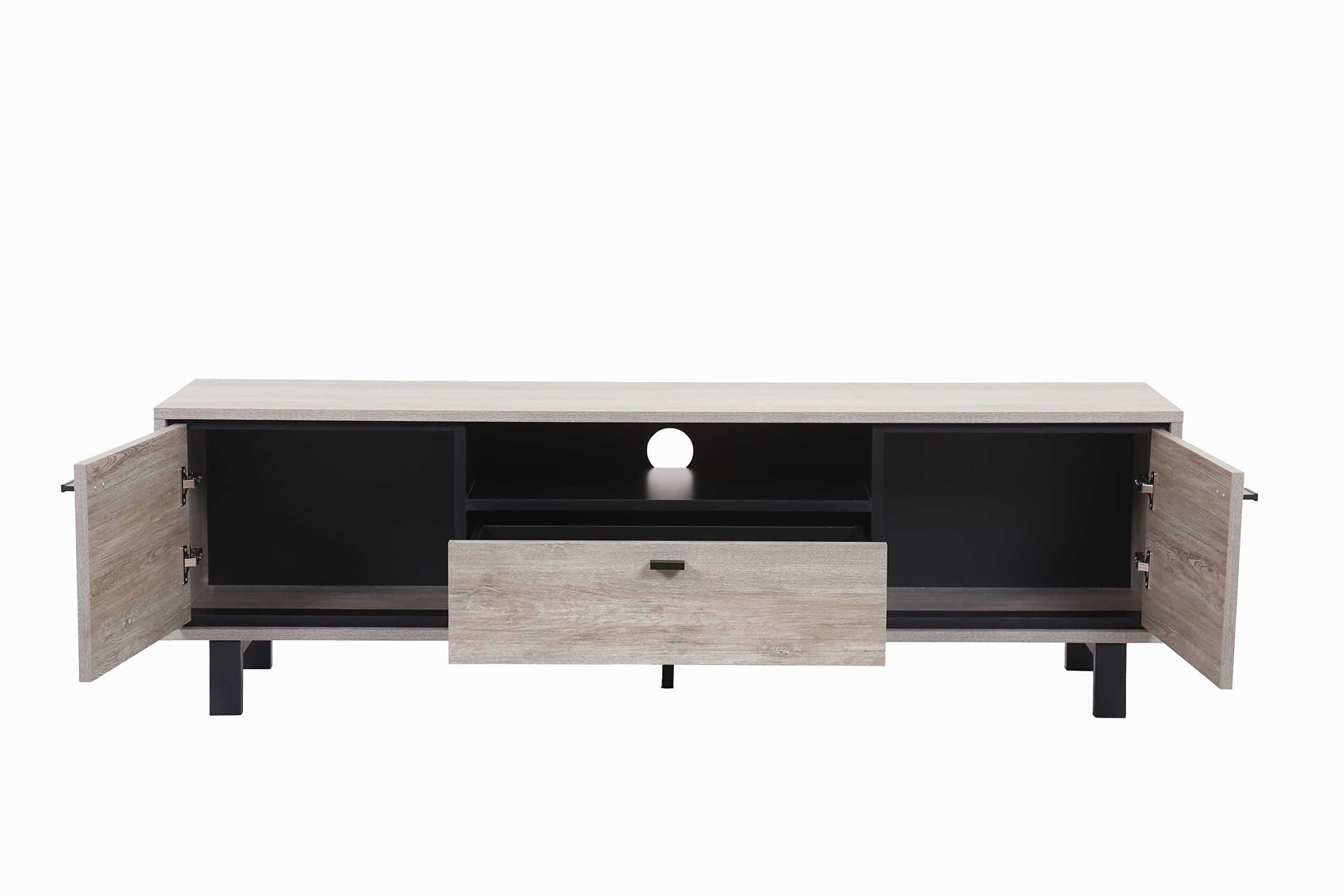 Lilola Home Apollo 65&Quot; Gray Oak Finish Tv Stand With Storage, Cable Management And Black Handles