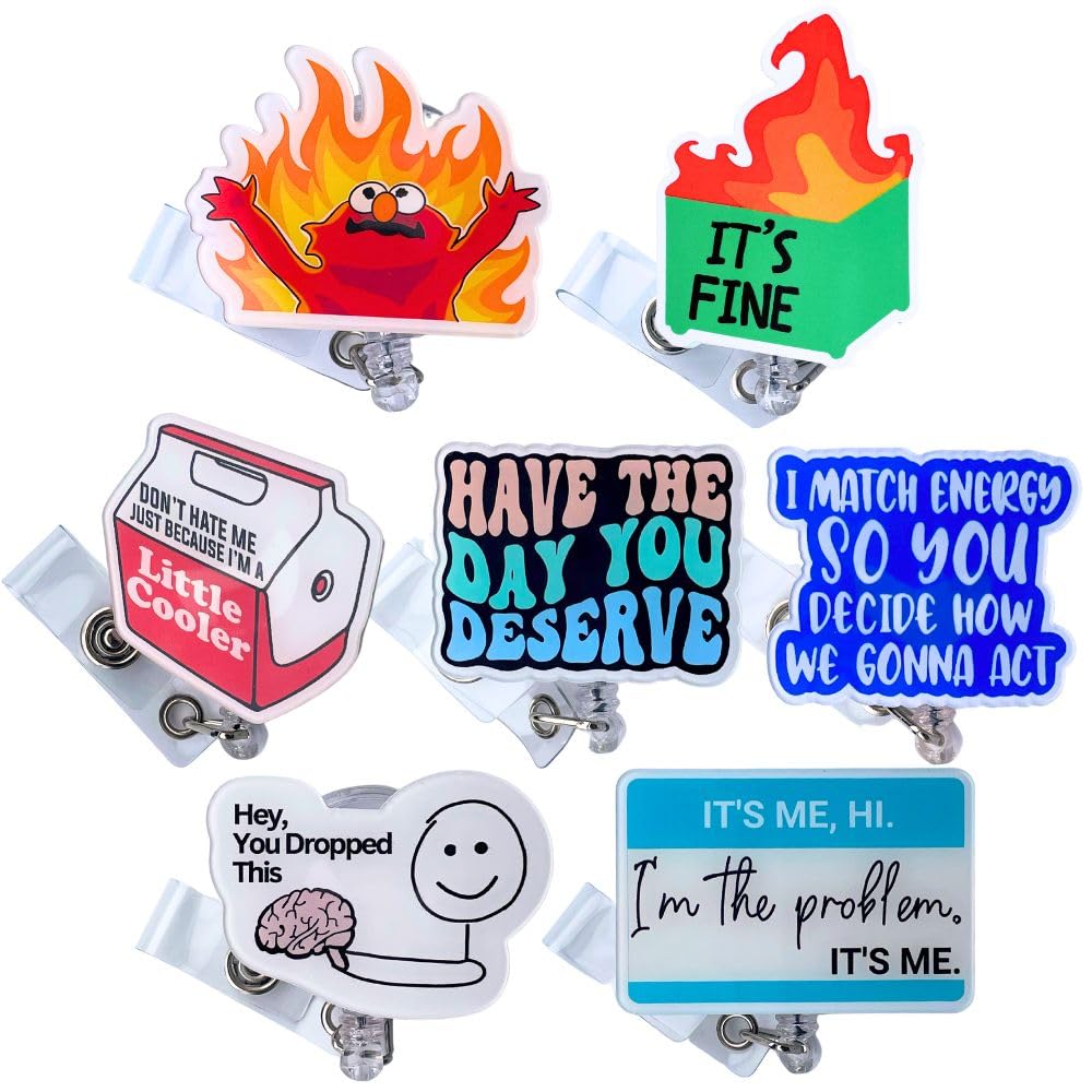 7Pc Funny Badge Reel Retractable For Nurse, Teachers, Nurses, Office Workers & Nursing | Cute Cool Id Tag Card Holder Clips For