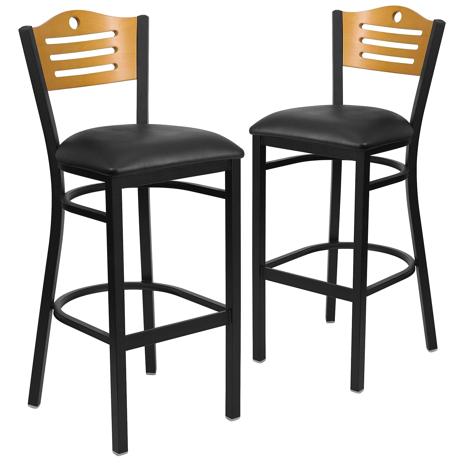 2 Pk. Black Slat Back Metal Barstool - Natural Wood Back, Black Vinyl Seat