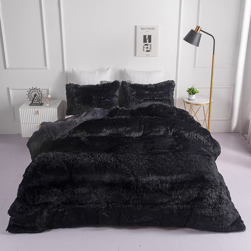 Chovy Faux Fur Plush Black Comforter Sets Twin/Full Size - Ultra Soft Shaggy Flannel Velvet Fluffy Fuzzy 3Pc Bedding Set (Comfor