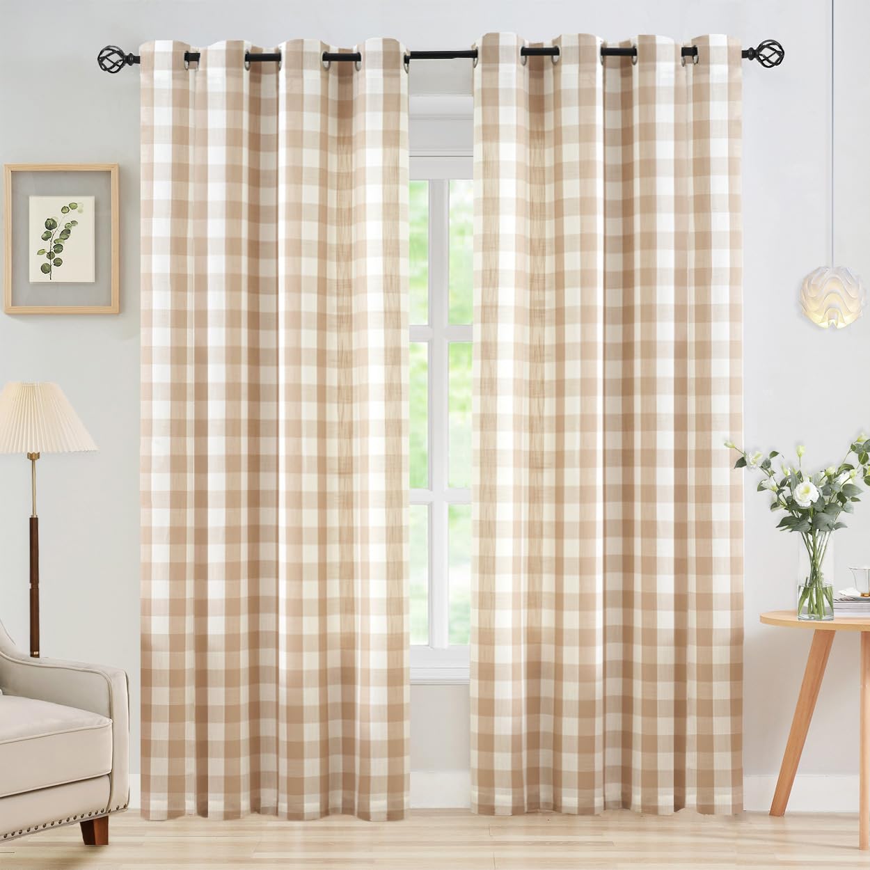 Jubilantex Buffalo Check Semi Sheer Curtain Panels Tan White Gingham Curtains Farmhouse Grommet Window Drapes For Living Room Be
