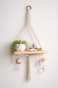 Home Decore Macrame Hanging Shelf with Wooden Platform, Natural Cotton, Boho Wall Decor with Tassel and Crystal Charms