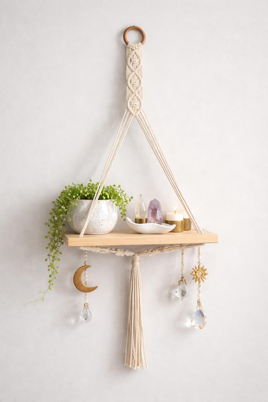 Home Decore Macrame Hanging Shelf with Wooden Platform, Natural Cotton, Boho Wall Decor with Tassel and Crystal Charms