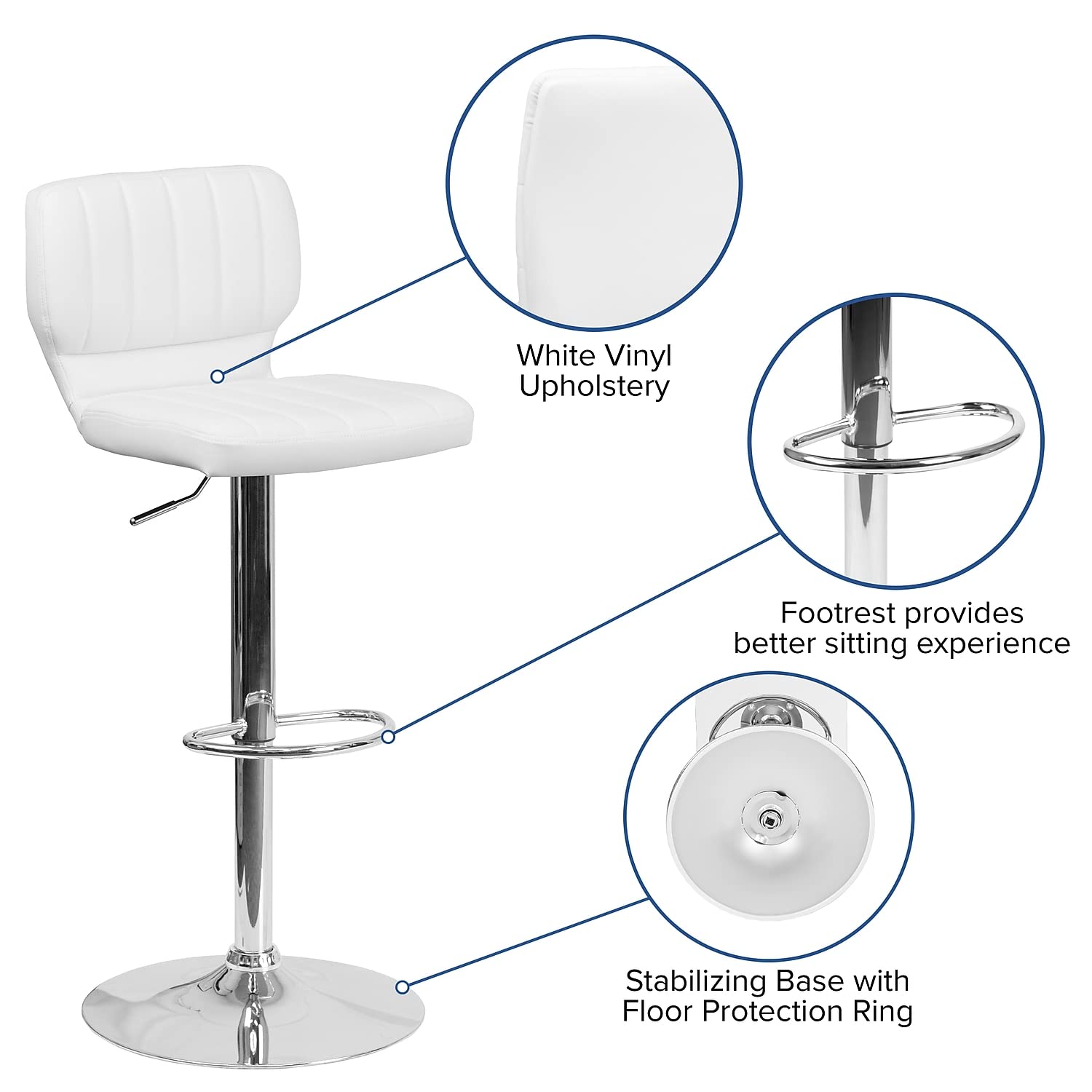 Flash Furniture Jeremy Contemporary White Vinyl Adjustable Height Barstool With Vertical Stitch Back And Chrome Base