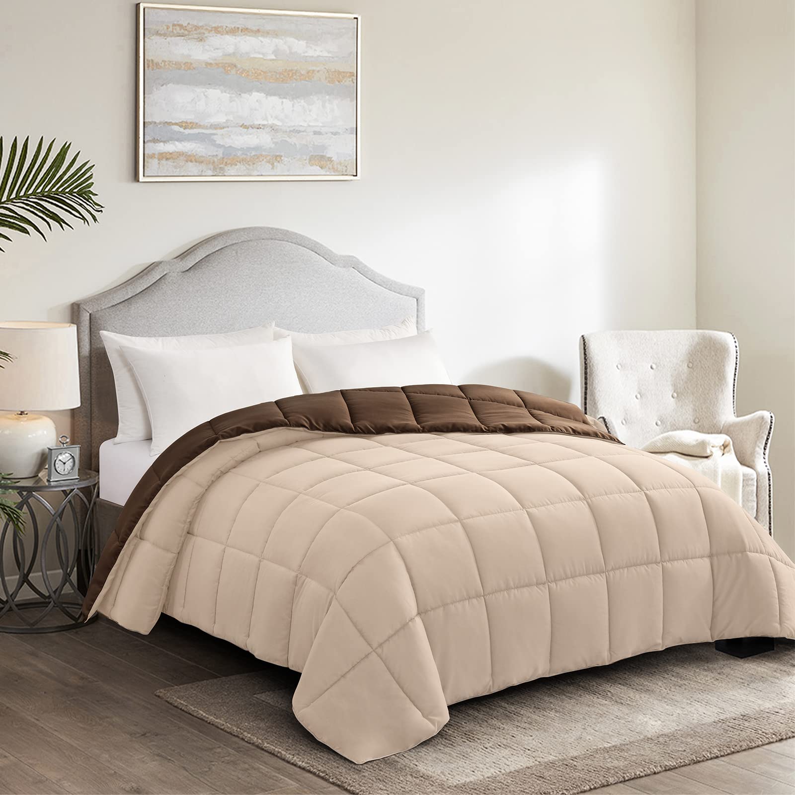 Homelike Moment Lightweight Queen Comforter - Brown Down Alternative Comforters Queen Size Bed, All Season Duvet Insert Quilted