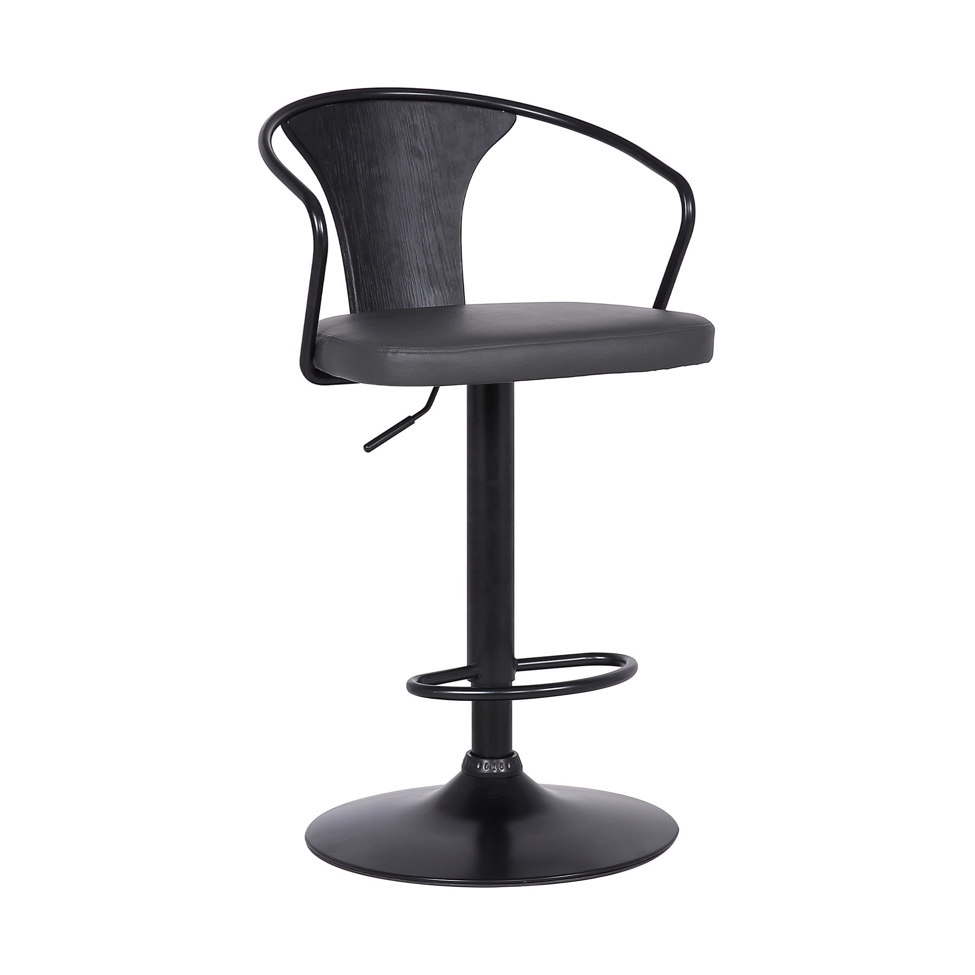 HomeRoots Black Steel,Faux Leather,Plywood Gray Faux Leather & Metal Base Adjustable Bar Stool
