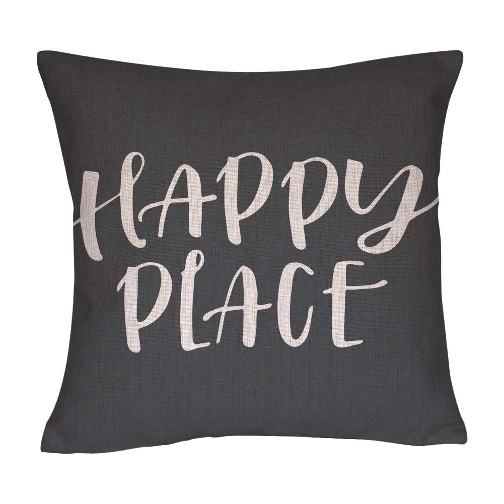 Decopow Happy Place Throw Pillow Cover, Decorative Throw Pillow Case Square 18X18 Inches With Happy Place Text (Gray)