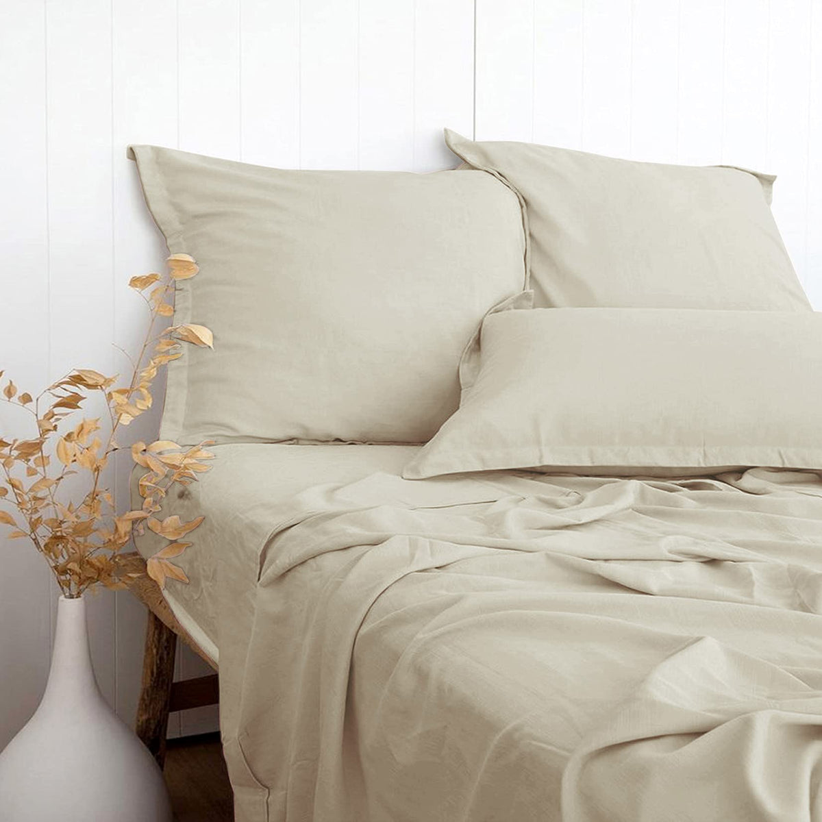 Pandatex Beige Twin Xl Size 3 Piece Sheet Set, Linen-Textured Rayon Derived From Bamboo Cotton Blend Sheets, Soft Breathable & C
