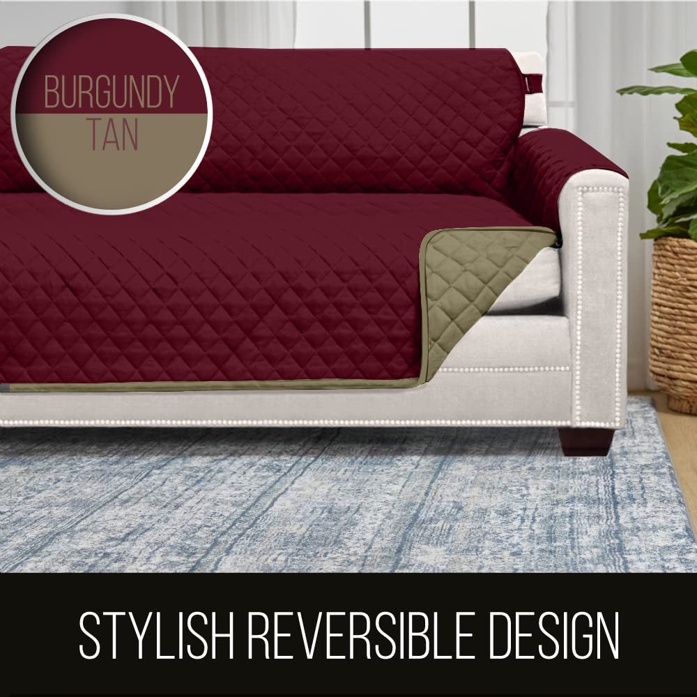 Sofa Shield Patented Couch Slip Cover, Large Cushion Protector, Reversible Stain And Dog Tear Resistant Slipcover, Quilted Microfiber 70” Seat, Washable Covers For Dogs Pets Kids, Burgundy Tan