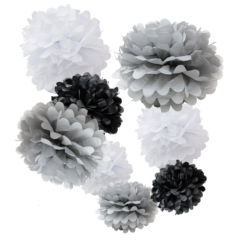 WYZworks Set of 8 (Assorted Monotone Color Pack White/Grey/Black) 10 12 16 DIY Tissue Pom Poms Flower Party Decorations for Wedd