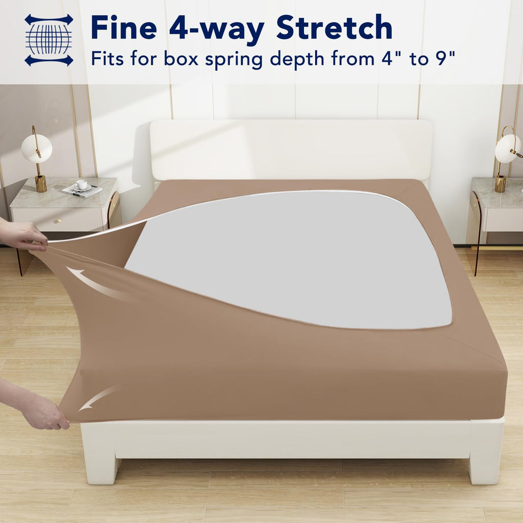 Purefit Stretchy Box Spring Cover Full - Elastic Fitted Box Spring Wrap Around 4 Sides, Wrinkle & Fading Resistant Fits Full Size Beds, Camel