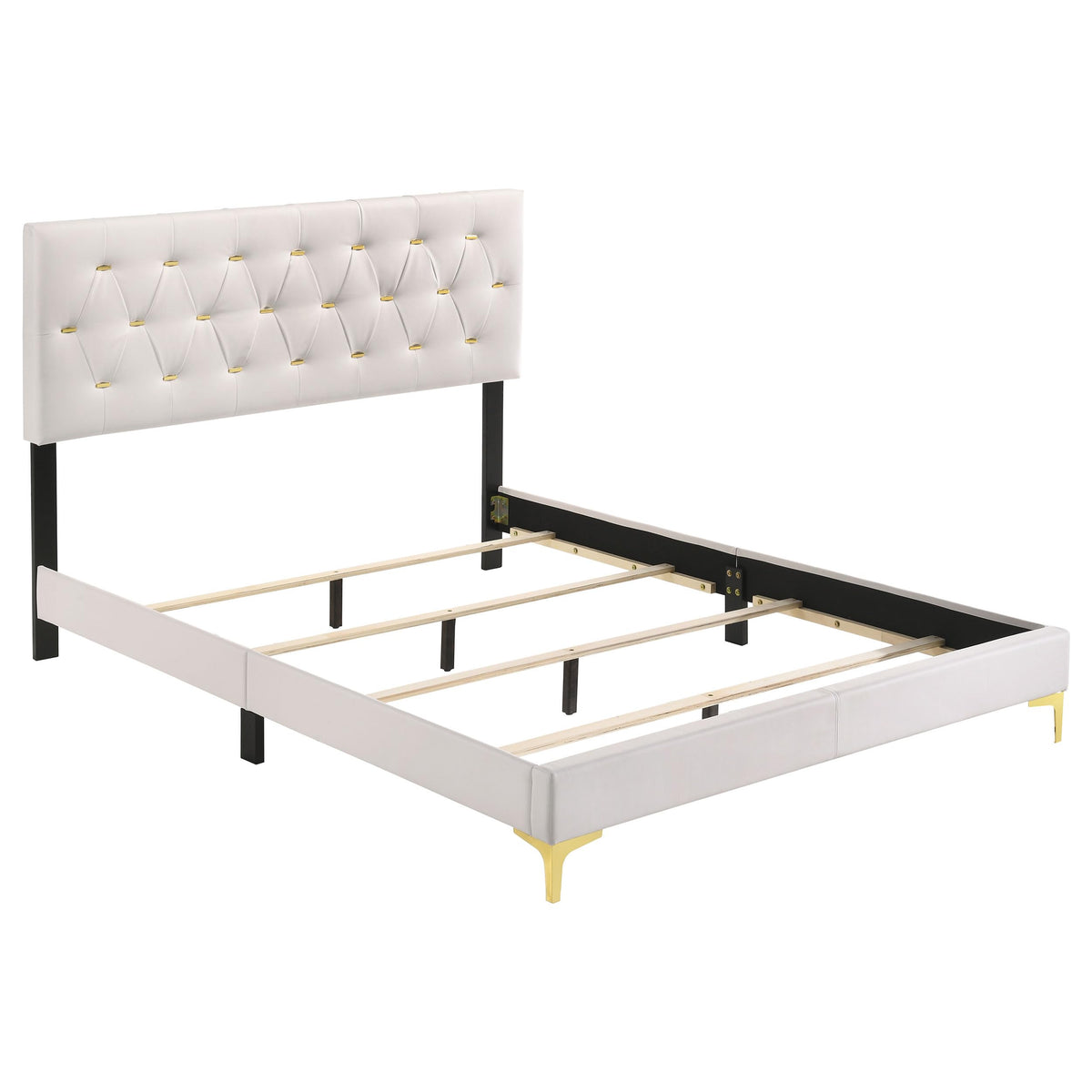 Coaster Home Furnishings Kendall 49-Inch Upholstered Bed Eastern King Size Modern Panel Bed Frame Velvet Upholstery Button Tufted with Gold Accents White 224401KE